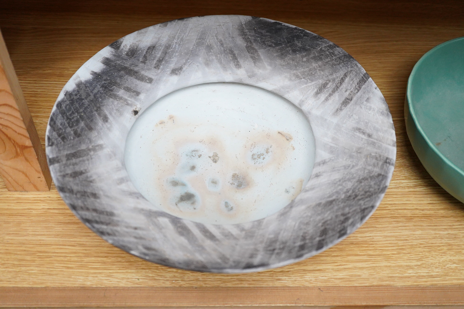 Jane Perryman, studio pottery bowl, impressed mark to the base, and another, signed RG and dated 1990, 32cm in diameter
